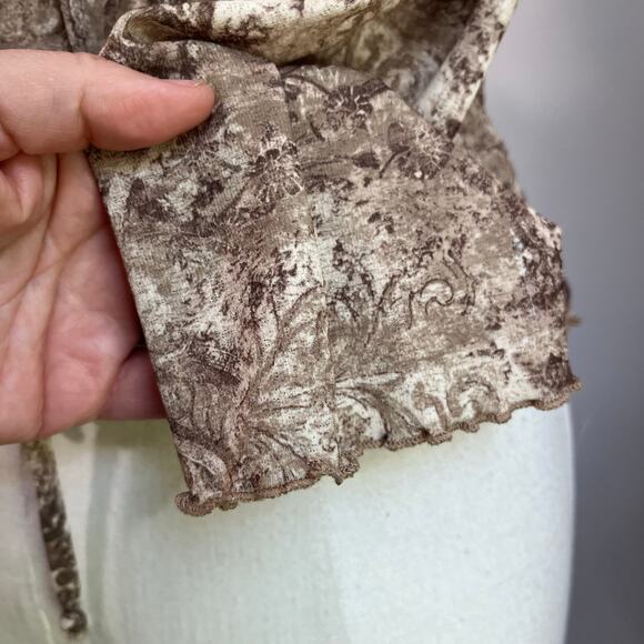 Y2K 90s Women's Cream Tan Fitted Ruffle Collar Bratz Boho Mesh Blouse Sz Large - Picture 7 of 10